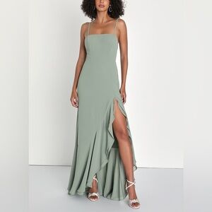 NEW Lulus Unforgettable Allure Sage Brush Backless Tiered Maxi Dress Large